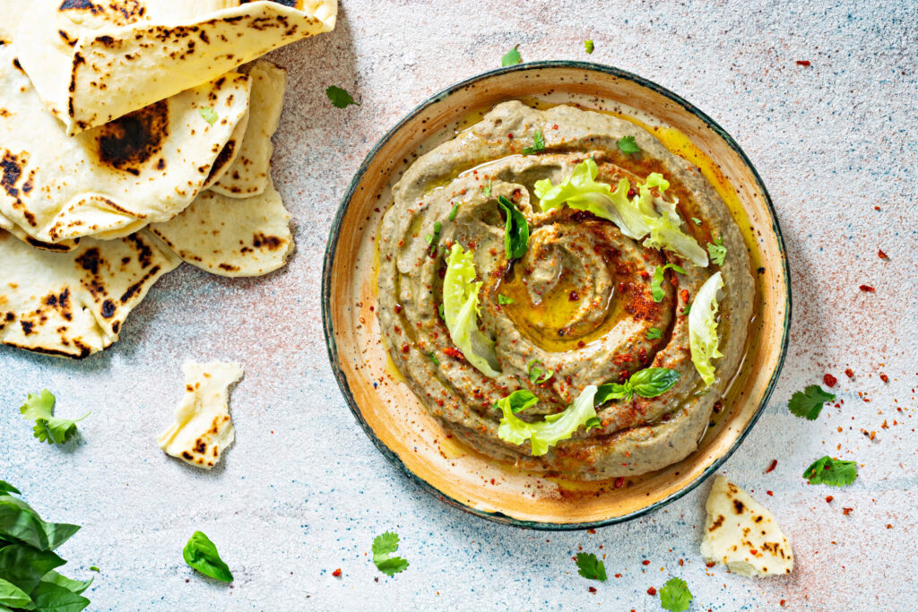 Baba ghanoush served in a bowl and available in Reston, VA, at Cafesano Italian & Mediterranean Bistro. 