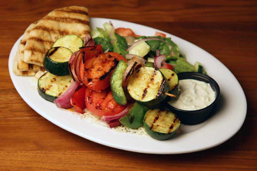 Healthy takeout food in Dulles VA is at Cafesano, including vegetable kabobs. 