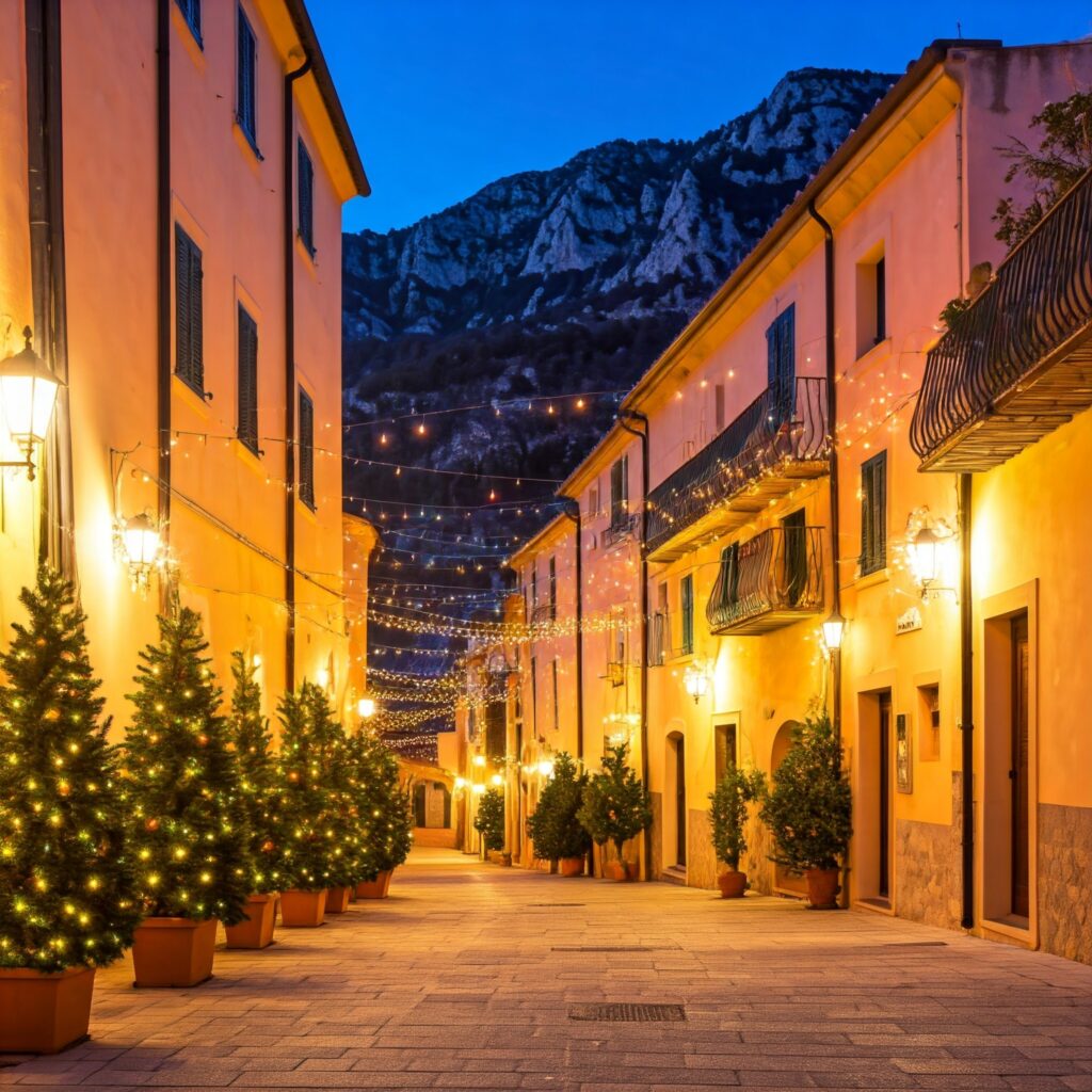 A Mediterranean village decorated for Christmas